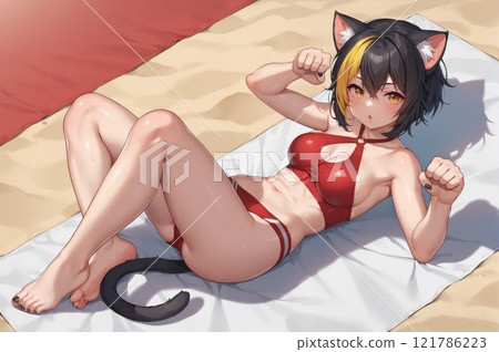 A girl with animal ears is having fun on the beach. A girl with animal ears is having fun on the beach. 121786223