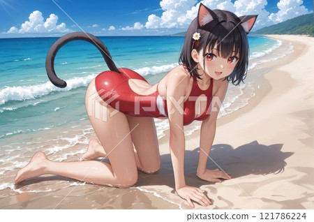 A girl with animal ears is having fun on the beach. A girl with animal ears is having fun on the beach. 121786224
