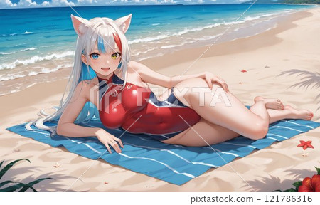A girl with animal ears is having fun on the beach. A girl with animal ears is having fun on the beach. 121786316