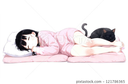 Girl sleeping on a pillow with a cat, on a white background 121786365