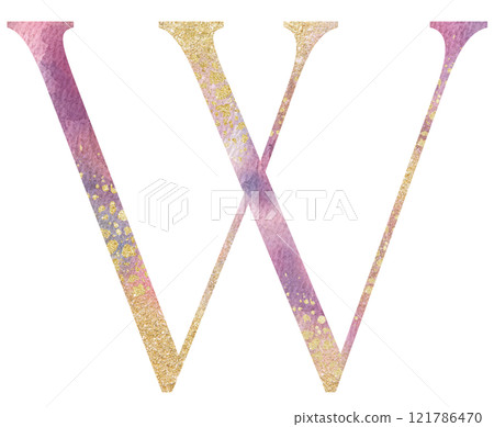 Light pink watercolor letter W with golden splashes, romantic wedding isolated monogram initials 121786470