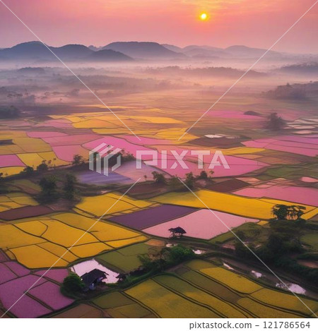 Rural landscape shrouded in morning mist 121786564