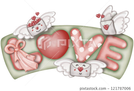 Handwritten note with the words "Love" and a red heart symbol and envelope love on sign green wooden   background 121787006