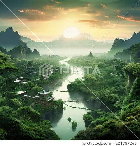 the AI Image Generator, Cityscape Nestled Among Mountain Cliffs with River and Bridge 121787265