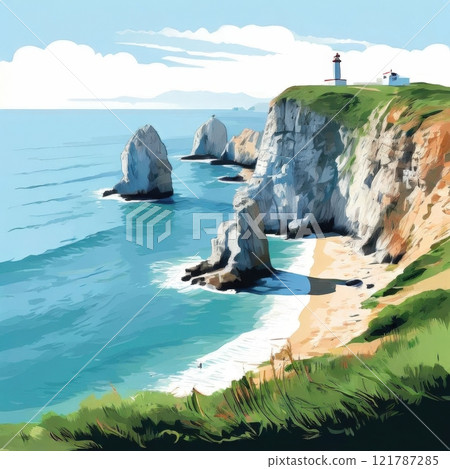 the AI Image Generator, Illustrated Coastal Scene Featuring Mountains, 121787285