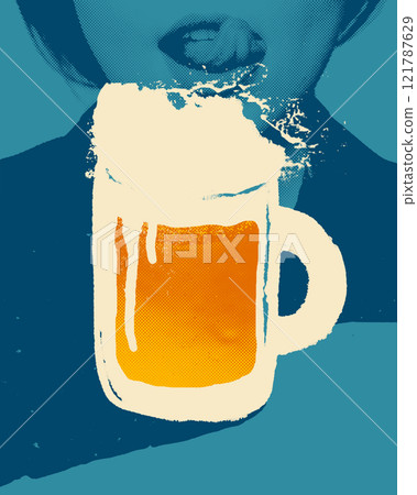 Creative pop art illustration. Beer mug with foam and cropped female face with tongue sticking out against blue background. Creative pop art illustration. Beer mug with foam and cropped female face with tongue sticking out against blue background. 121787629