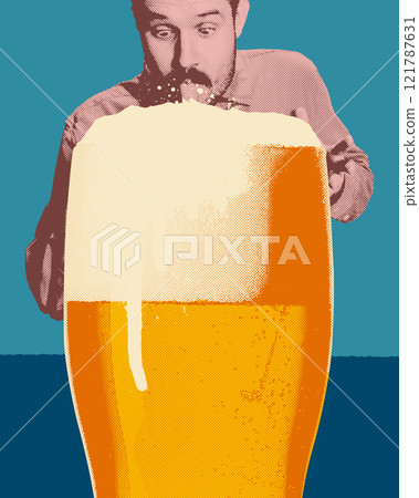 Retro-themed art design. Man in red tones reaching towards large beer glass overflowing with foam against blue background. Retro-themed art design. Man in red tones reaching towards large beer glass overflowing with foam against blue background. 121787631
