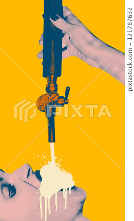 Artistic pop art collage. Beer tap handle, pouring stream of foamy beer into female mouth against bright yellow background. Artistic pop art collage. Beer tap handle, pouring stream of foamy beer into female mouth against bright yellow background. 121787632