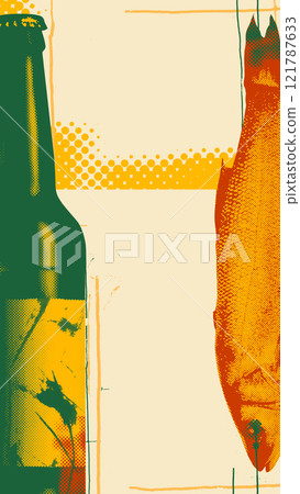 Creative textured composition. Beer bottle and fish hang side-by-side against beige background with yellow halftone pattern. Creative textured composition. Beer bottle and fish hang side-by-side against beige background with yellow halftone pattern. 121787633