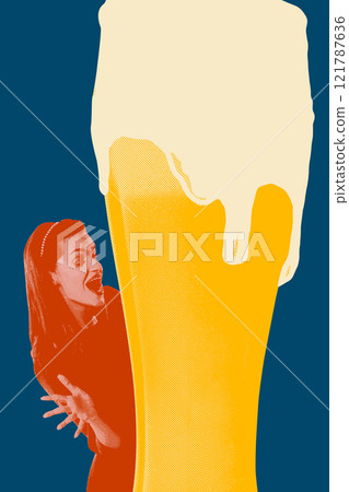 Pop art creative design. Young woman standing next to a large glass of foamy lager beer against blue background. 121787636