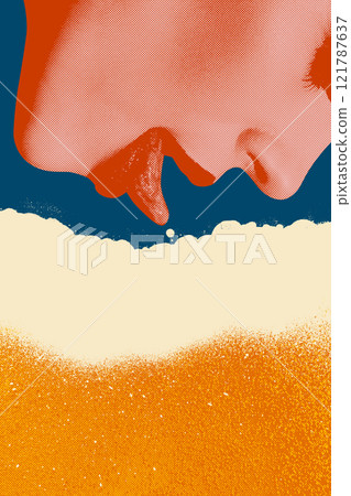Artistic colorful design. Woman with tongue licking a beer foam against blue background. Halftone vintage poster art 121787637