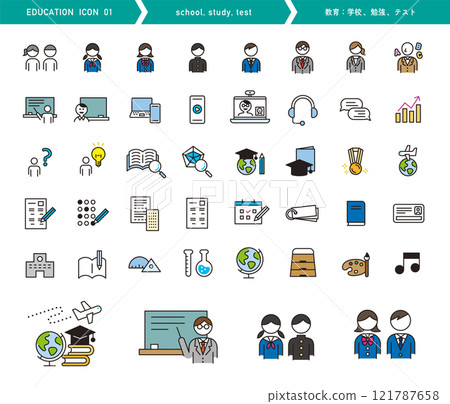教育圖標集。關於學校、學習和測驗的向量圖。簡單的設計。 121787658
