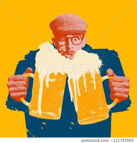 Poop art style illustration. Man holding two overflowing beer mugs, featuring bold colors and halftone textures on a bright yellow background Poop art style illustration. Man holding two overflowing beer mugs, featuring bold colors and halftone textures on a bright yellow background 121787665