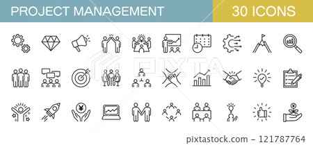 Icon set related to project management: Managing costs, schedules, personnel, etc. Icon set related to project management: Managing costs, schedules, personnel, etc. 121787764