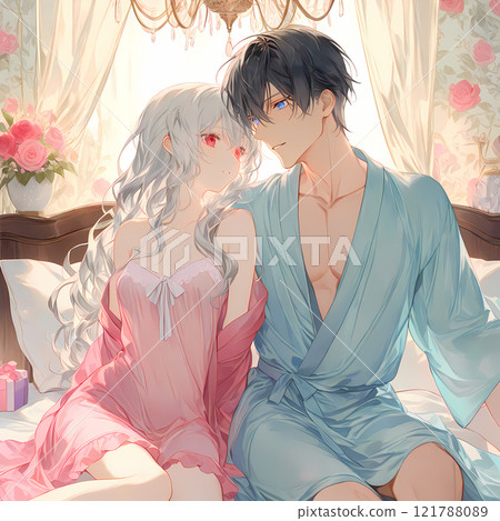 一對年輕男女在床上玩耍。一個白化病女孩和一個藍眼睛年輕人的情人節。動漫風格AI插畫 121788089