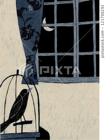 Monochrome watercolor illustration of a bird in a cage gazing at a crescent moon 121788292