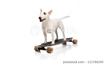 Cute purebred miniature English Bullterrier with brown spots on face riding on skateboard having fun against white studio background. 121788295