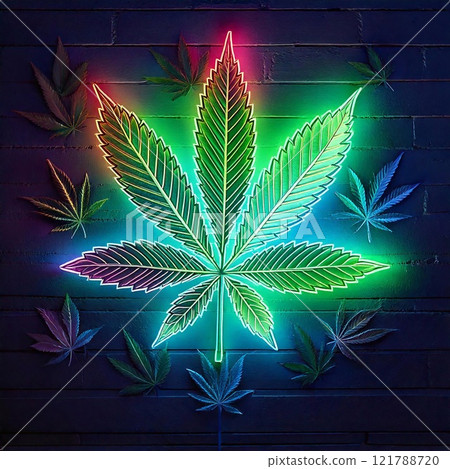 Illuminated medical cannabis leaf sign glowing in neon colors against a dark background Illuminated medical cannabis leaf sign glowing in neon colors against a dark background 121788720