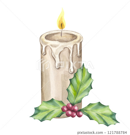 Beige white burning wax candles with holly leaves berries. Candlelight christmas decoration. Hand draw watercolor illustration isolated background. For Xmas greeting cards, New Year invitation Beige white burning wax candles with holly leaves berries. Candlelight christmas decoration. Hand draw watercolor illustration isolated background. For Xmas greeting cards, New Year invitation 121788784