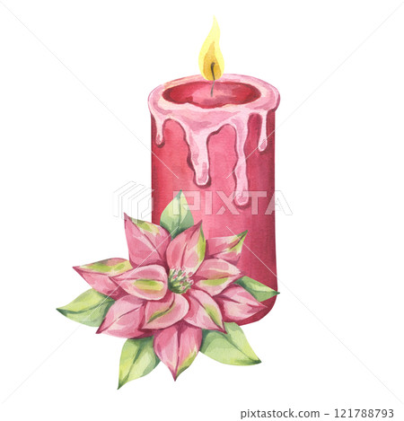 Red burning wax candle with poinsettia flower, christmas decoration. Candlelight design for xmas, New Year party. Hand draw watercolor illustration isolated background. Cozy interior Red burning wax candle with poinsettia flower, christmas decoration. Candlelight design for xmas, New Year party. Hand draw watercolor illustration isolated background. Cozy interior 121788793
