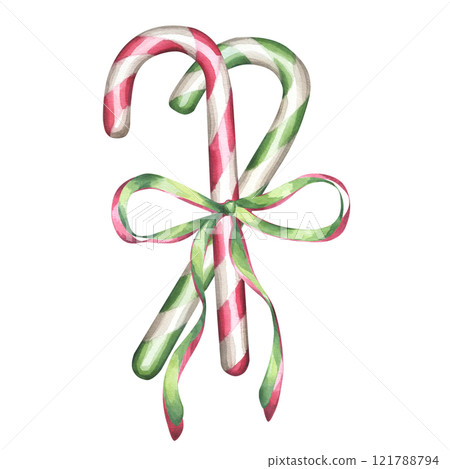 Watercolor Candy cane peppermint stick with red green ribbon and bow. Traditional treat for Christmas and New Year's Eve for kids. Hand drawn illustration isolated on white background. For postcard Watercolor Candy cane peppermint stick with red green ribbon and bow. Traditional treat for Christmas and New Year's Eve for kids. Hand drawn illustration isolated on white background. For postcard 121788794