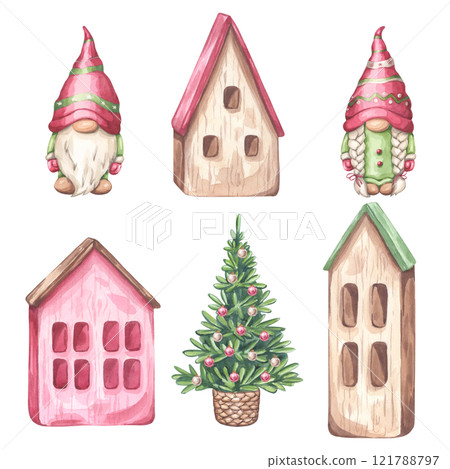 Christmas gnome boy and girl, wooden little house set. A magical Scandinavian character for New Year. Hand draw watercolor illustration isolated on white background. For postcard, invitation Christmas gnome boy and girl, wooden little house set. A magical Scandinavian character for New Year. Hand draw watercolor illustration isolated on white background. For postcard, invitation 121788797