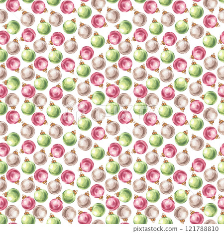 Christmas tree balls seamless pattern, red green silver toys. Bright and colorful New Year decorations. Hand drawn watercolor illustration isolated on white background. For postcard, advertising 121788810