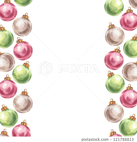 Christmas tree balls frame, red green silver toys. Bright and colorful New Year decorations. Hand drawn watercolor illustration isolated on white background. For postcard, advertising, design Christmas tree balls frame, red green silver toys. Bright and colorful New Year decorations. Hand drawn watercolor illustration isolated on white background. For postcard, advertising, design 121788813