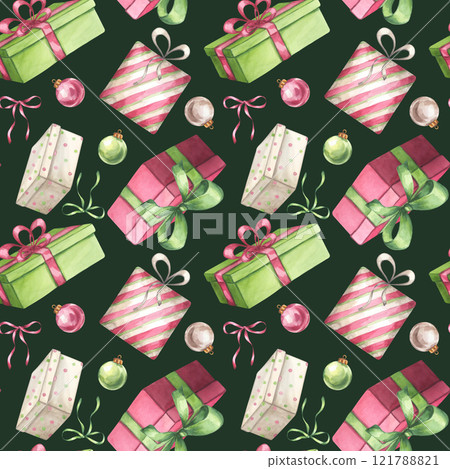 Red green gift boxes seamless pattern with ribbon, bow, tree balls. Present for Christmas, New year, Birthday party. Hand drawn watercolor illustration background. Textile, print, wrapping paper. 121788821