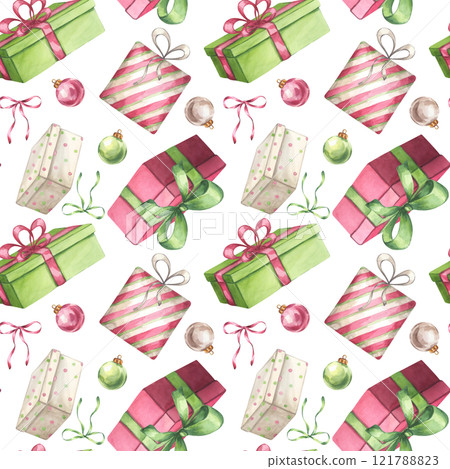 Red green gift boxes seamless pattern with ribbon, bow, tree balls. Present for Christmas, New year, Birthday party. Hand drawn watercolor illustration isolated white background. Textile, print Red green gift boxes seamless pattern with ribbon, bow, tree balls. Present for Christmas, New year, Birthday party. Hand drawn watercolor illustration isolated white background. Textile, print 121788823