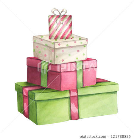Red green gift boxes with ribbon and bow. Present for Christmas, New year, Birthday party. Hand drawn watercolor illustration isolated on white background. For postcard, invitation, congratulation 121788825