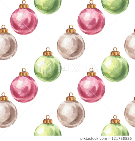 Christmas tree balls seamless pattern, diagonal red green silver toys. Colorful New Year decorations. Hand drawn watercolor illustration isolated on white background. For postcard, advertising, design 121788826