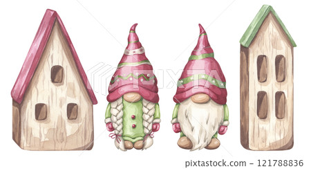 Christmas gnome boy and girl, wooden little house banner set. A magical Scandinavian character for New Year. Hand draw watercolor illustration isolated on white background. For postcard, invitation Christmas gnome boy and girl, wooden little house banner set. A magical Scandinavian character for New Year. Hand draw watercolor illustration isolated on white background. For postcard, invitation 121788836