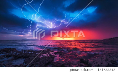 Dramatic storm sky with neon colors illuminating the ocean at twilight 121788842