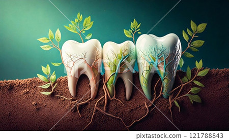 Teeth growing with roots and leaves showcasing nature's influence on dental health 121788843