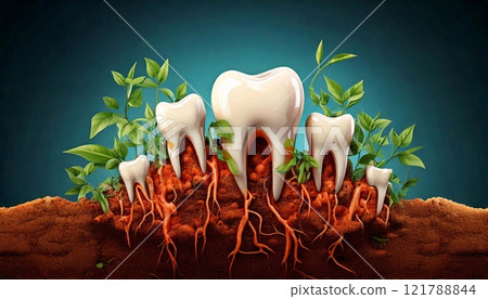Teeth growing among green plants in a vibrant soil setting 121788844