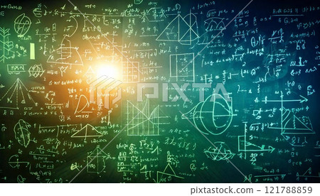 Mathematical concepts illustrated with symbols and equations on a textured background 121788859