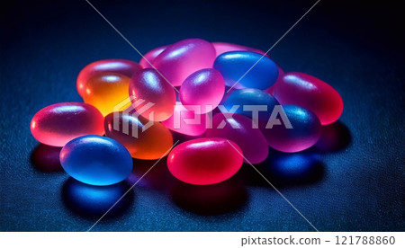Colorful jelly beans scattered under neon lights creating a vibrant display Colorful jelly beans scattered under neon lights creating a vibrant display 121788860