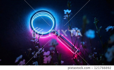 Neon magnifying glass glowing among delicate flowers in a dark setting Neon magnifying glass glowing among delicate flowers in a dark setting 121788892