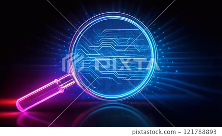 Neon magnifying glass highlighting digital technology against a dark background 121788893