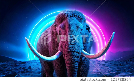 Mammoth stands majestically against a vibrant neon ice age background Mammoth stands majestically against a vibrant neon ice age background 121788894