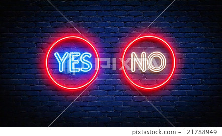 Unique neon sign featuring yes and no in bright colors against a dark brick background 121788949
