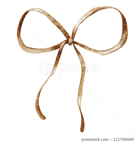 Watercolor Ribbon with Bow. Hand-drawn illustration of silk or satin knot on white isolated background, for gift or present wrapping. Drawing of vintage textile tape for wedding, St. Patrick's Day. 121789090