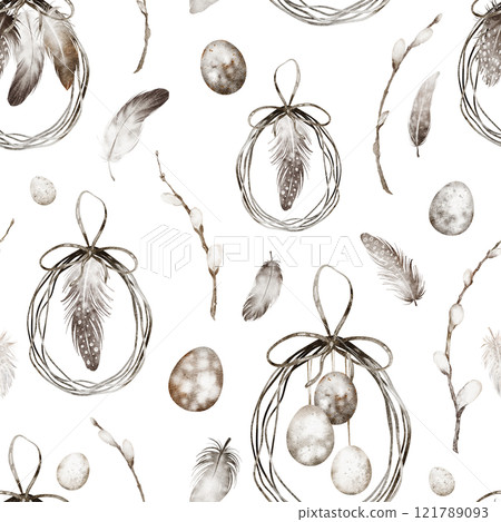 Feather watercolor seamless pattern. Illustration of ornament with eggs, plants, and bohemian symbols on isolated background for textile design or wallpaper. Easter drawing for holiday decorations. 121789093