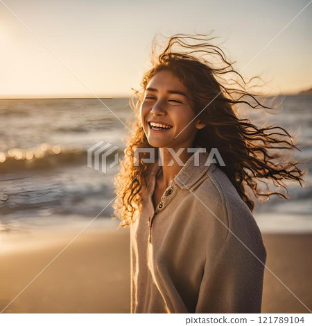 A woman relaxing on the beach at dusk 121789104