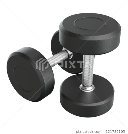 Two Blank Round Rubber Dumbbells, weightlifting gym equipment top view 121789105
