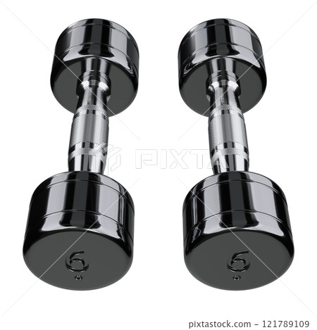 Two blank Round Dumbbells with number 6, black weightlifting gym equipment 121789109