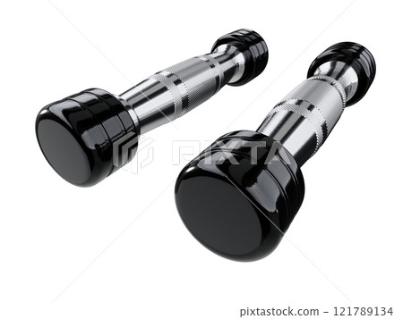 Two blank Round Dumbbells, black weightlifting gym equipment wide angle view 121789134