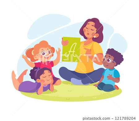 Speech with Teacher Explaining Alphabet to Little Boy and Girl Vector Illustration 121789204