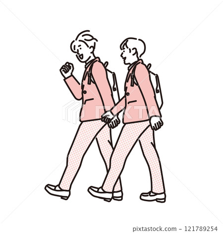 簡單說明：穿著制服的男學生邊走邊談話 121789254